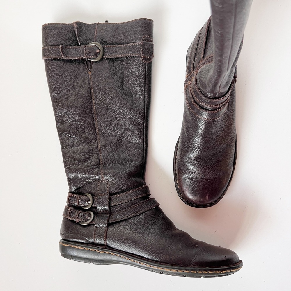 Vintage Y2K Brown Leather Knee High Buckle Boots Tall Riding‎ Moto Biker Boho 8